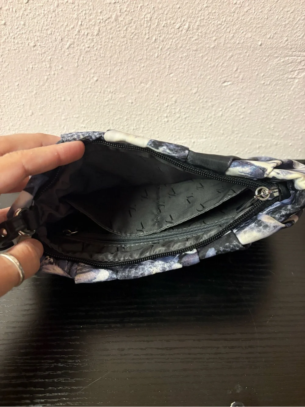 Floral Pleated Wristlet Clutch Black Blue Ivory